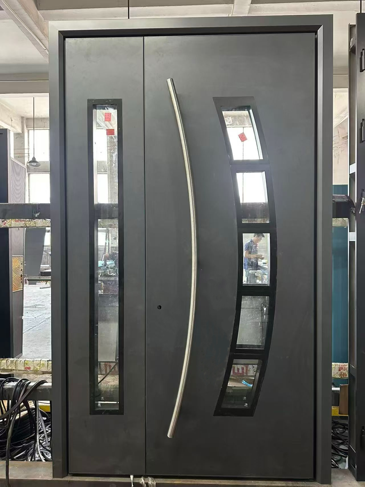 Modern Aluminum Door with Glass Inserts, Anti-Theft Security Exterior Door for Villa, Matte Grey Finish