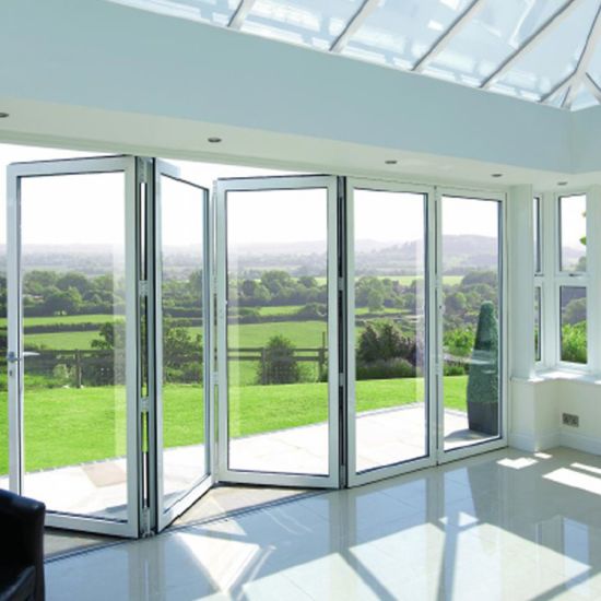 Modern Aluminum Sliding Bifold Doors Double Glazing Tempered Glass Germany Kerssenberg Hardware Black Finish 5 Year Courtyard