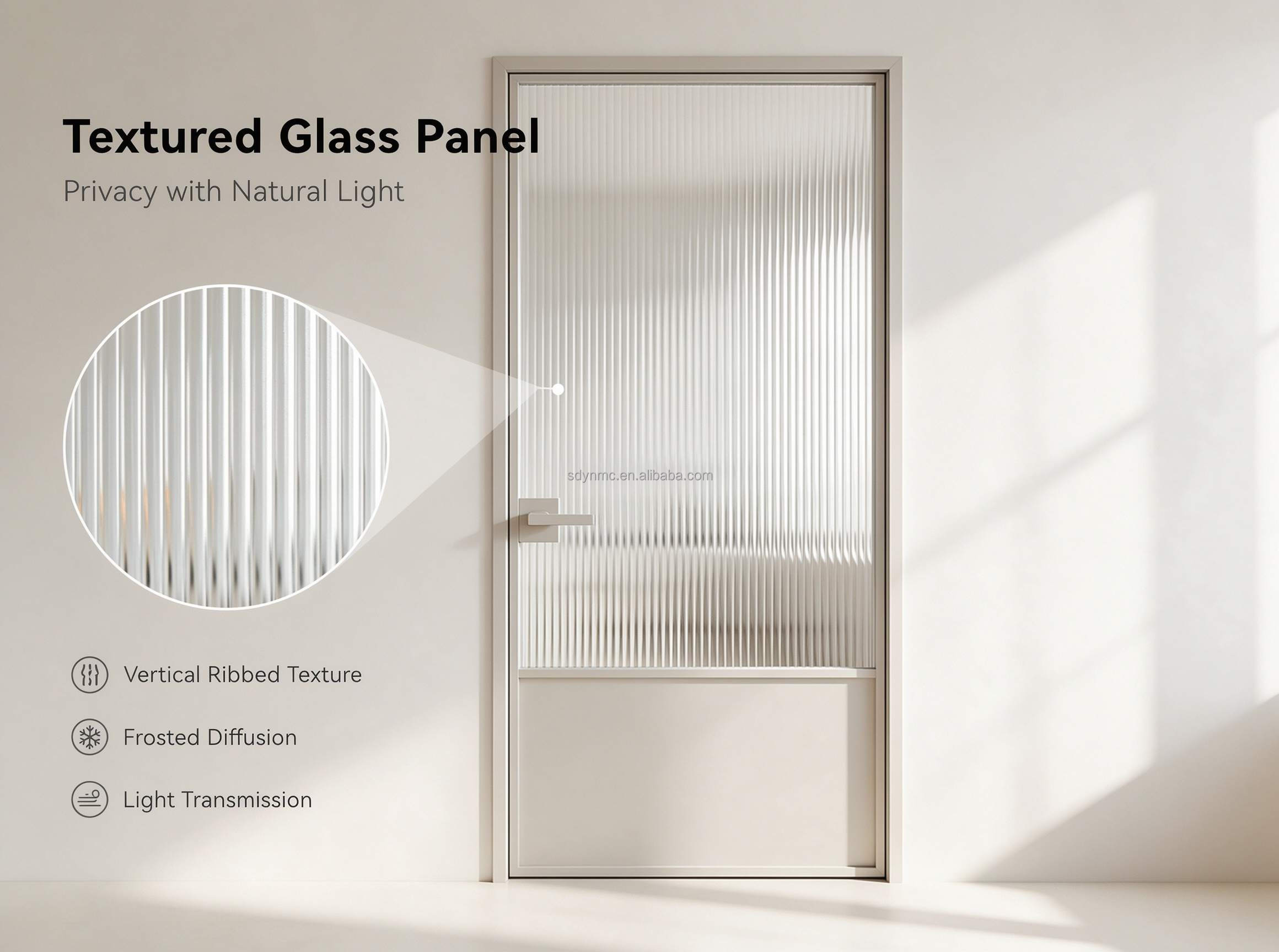 Aluminum Slim Frame Interior Single Swing Door, Tempered Fluted Glass Door for Bathroom Villa Interior Renovation