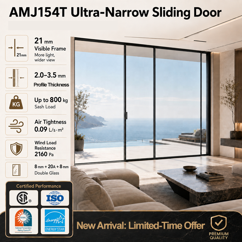 Amj Modern Glass Doors Sliding System Narrow Frame Aluminum Sliding Patio Doors With Folded Screen Mesh
