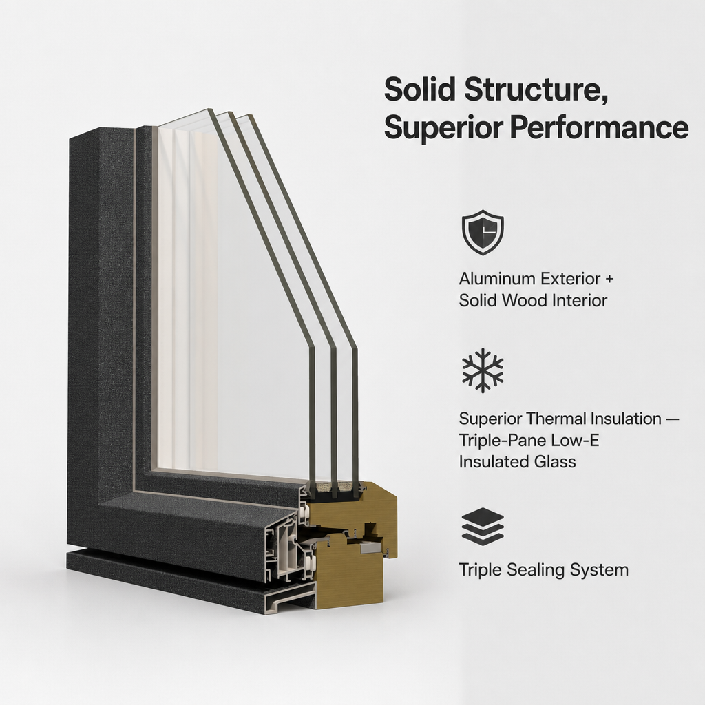 Wood Windows Aluminum Clad French Style Triple Glazed Tempered Glass German Hardware Safe and Durable for Bedroom