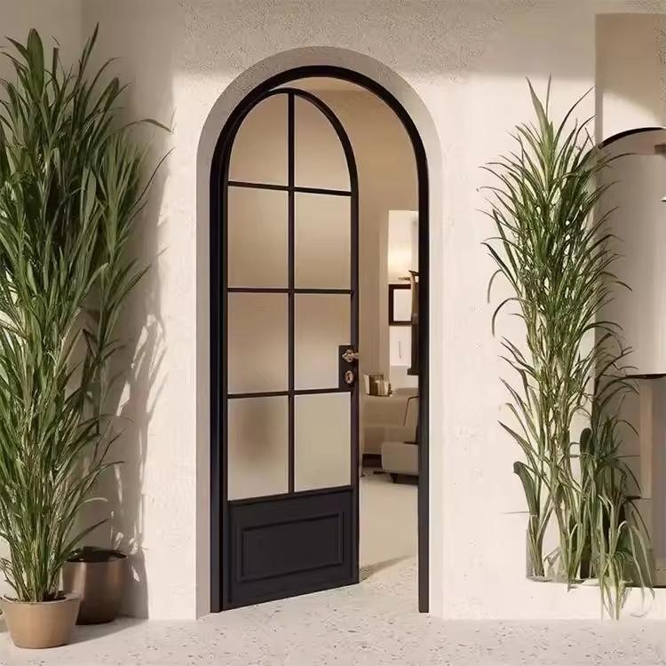 Modern Slim Frame Aluminum Alloy Glass Entry Door With French Swing Design For Villa Decoration Glass French Grille Arched Top