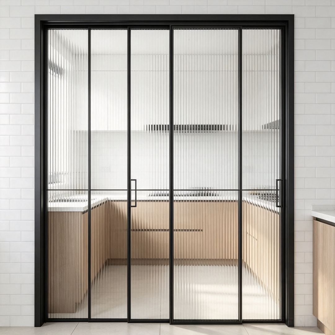 Factory Custom Three Linkage Sliding Door Aluminum Alloy Reeded Tempered Glass Indoor Partition Door For Kitchen Balcony Villa