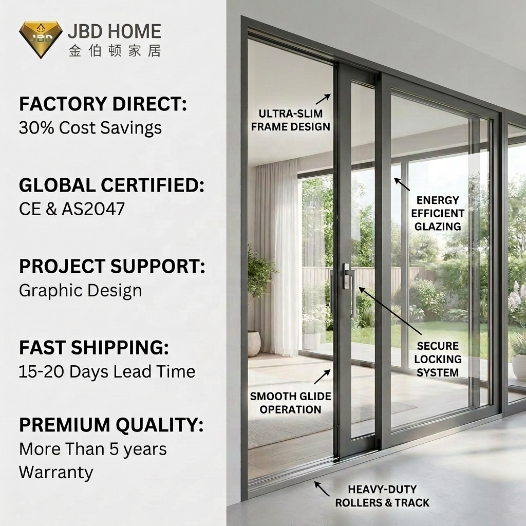 Hurricane Proof Double Glass Narrow Frame Heavy Duty Aluminum Sliding Patio Door for Modern Commercial Office Villa