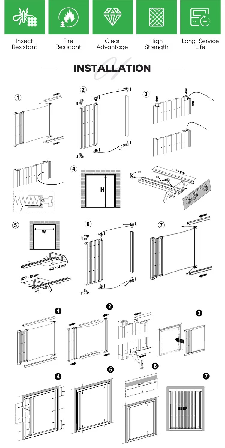 Aluminum Alloy Frame Pleated Mesh Folding Screen Doors Blinds Components Patio Insect Sliding Fly Screen Door