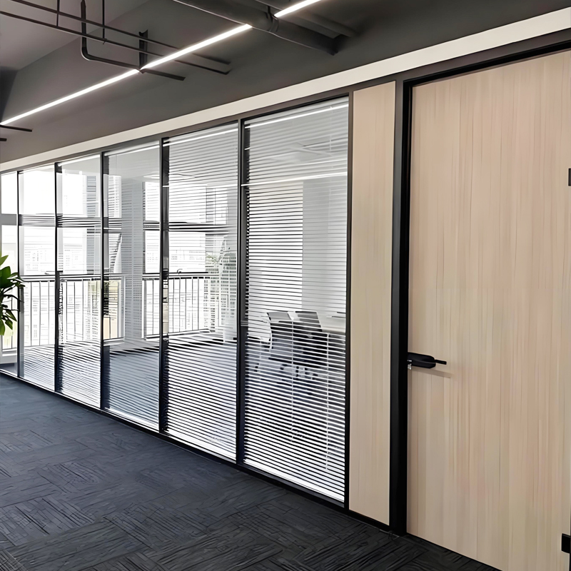 Complete Set Framed Glass Partition Wall with Built Blinds Matching Swing Glass Door Heavy Duty Thick Aluminium Profile Double