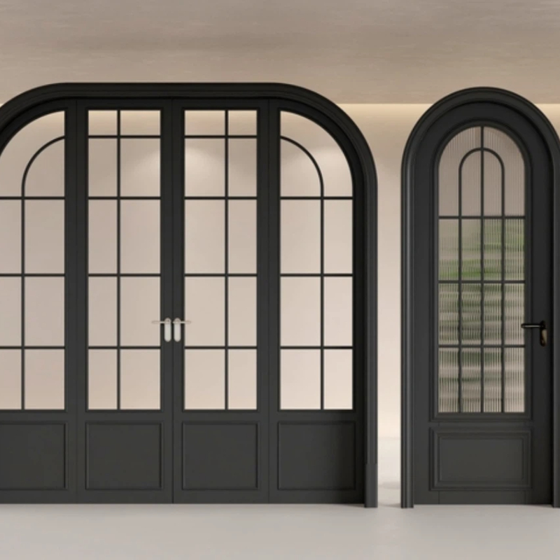ALUFRONT Insulated Arched Antique Heritage Black Aluminium French Front Doors with Grid Strip Glass for Outdoor Entry