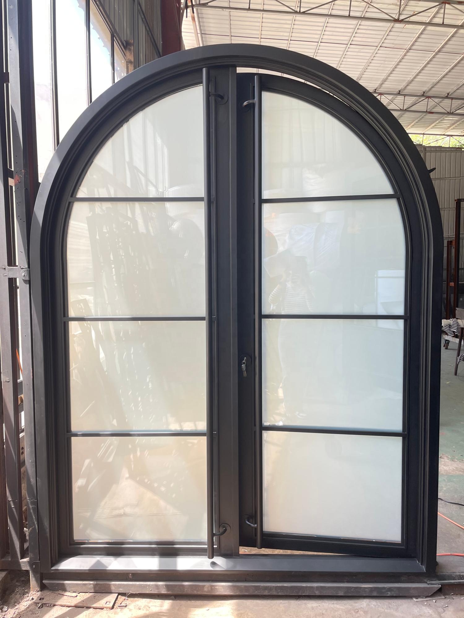Insulated Arched Antique Heritage Black Aluminium French Front Doors with Grid Strip Glass for Outdoor Entry