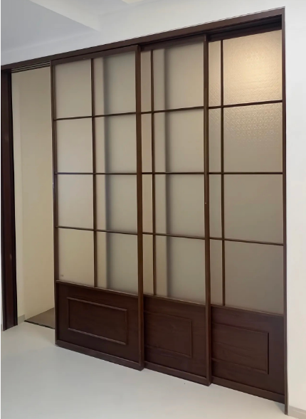 Log-Color Grille Sliding Partition Screen Door Custom Walnut-Tone Aluminum Door Interior Living Room Balcony Study Room