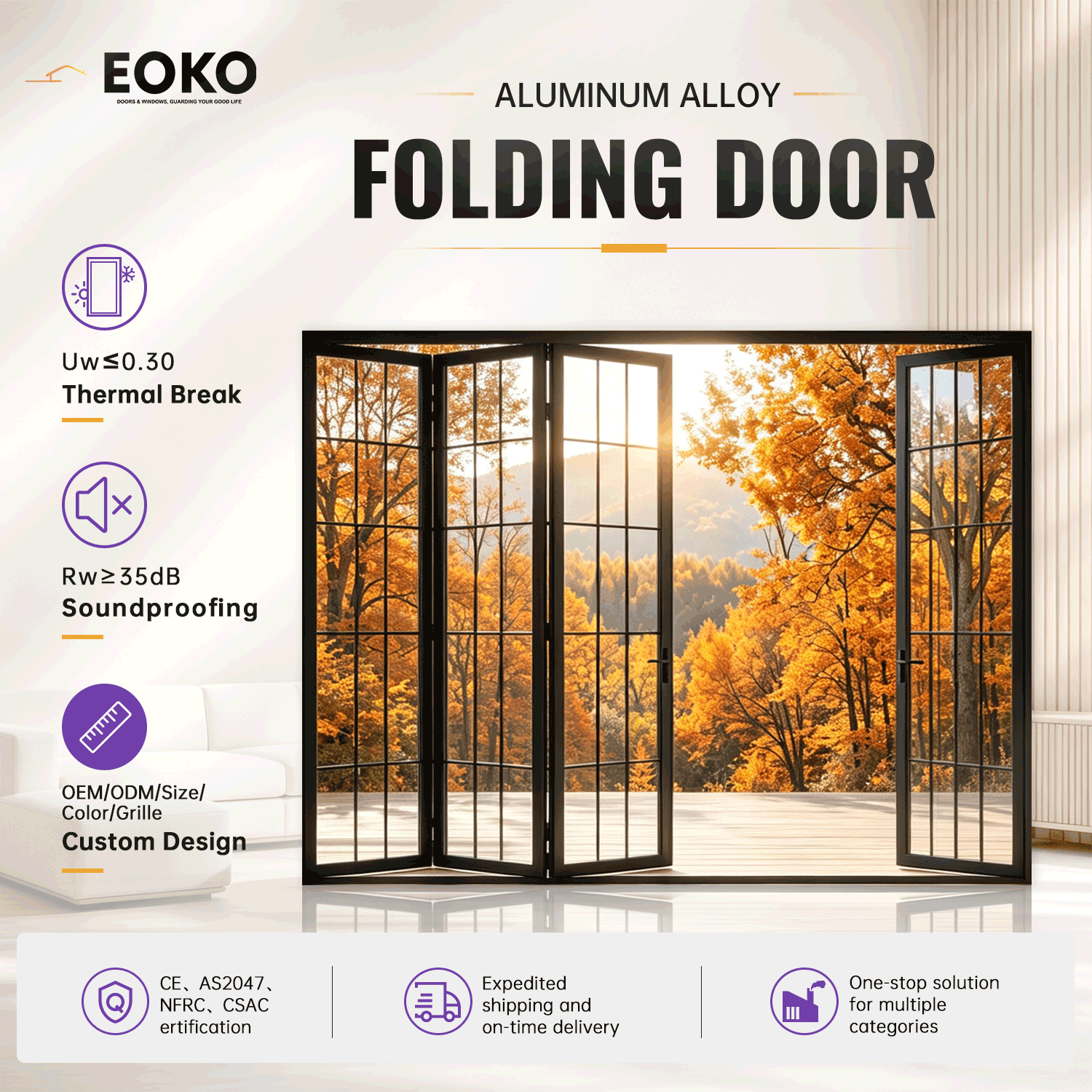 EOKO 8 Panel Wide Span Aluminum Bi-Fold Door for Restaurant Storefront Commercial French Style Black Frame Folding Glass Doors