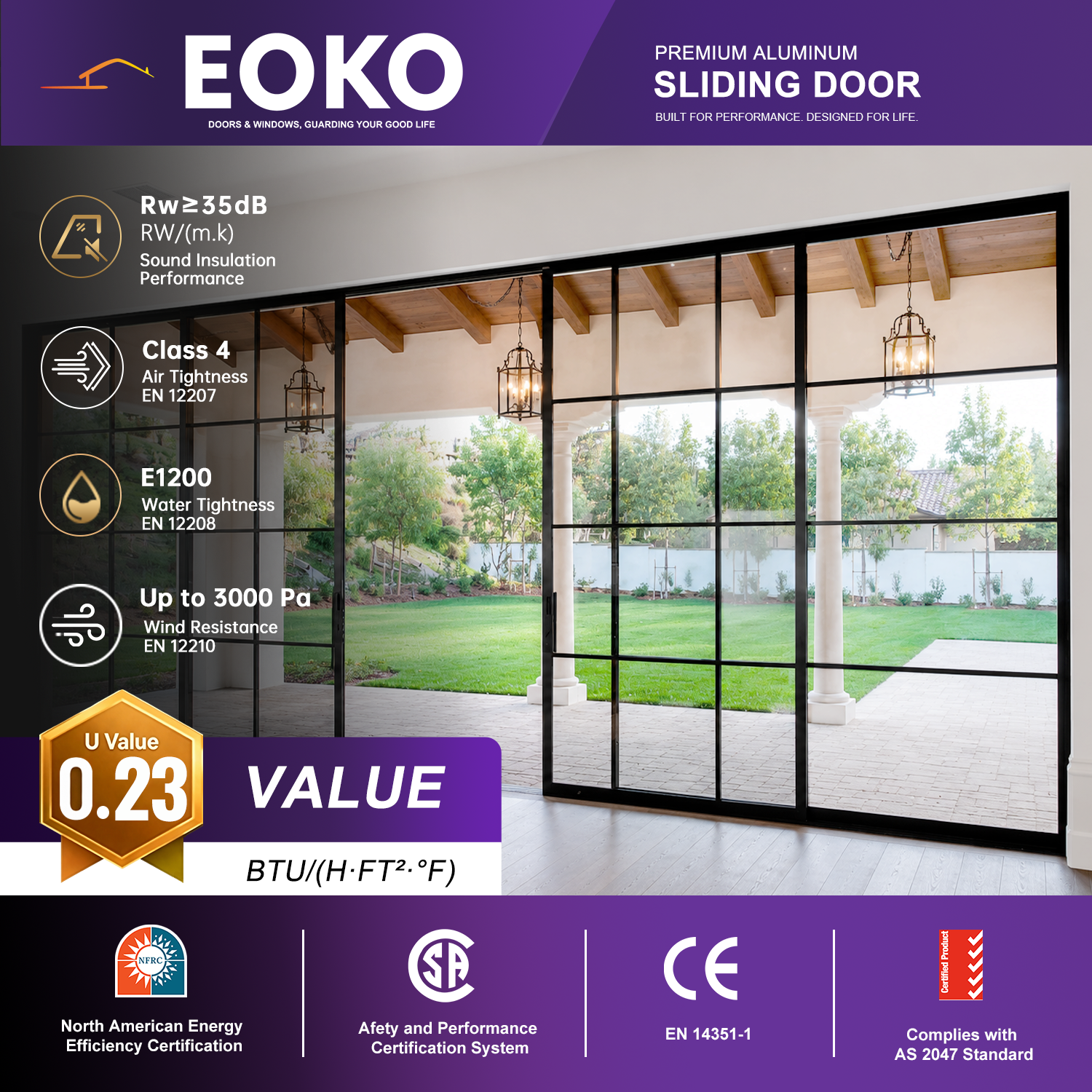 EOKO French Style Aluminum Sliding Door EN-14351 Certified Frosted Double Glass Interior Sliding Glass Door for Hotel Bedrooms