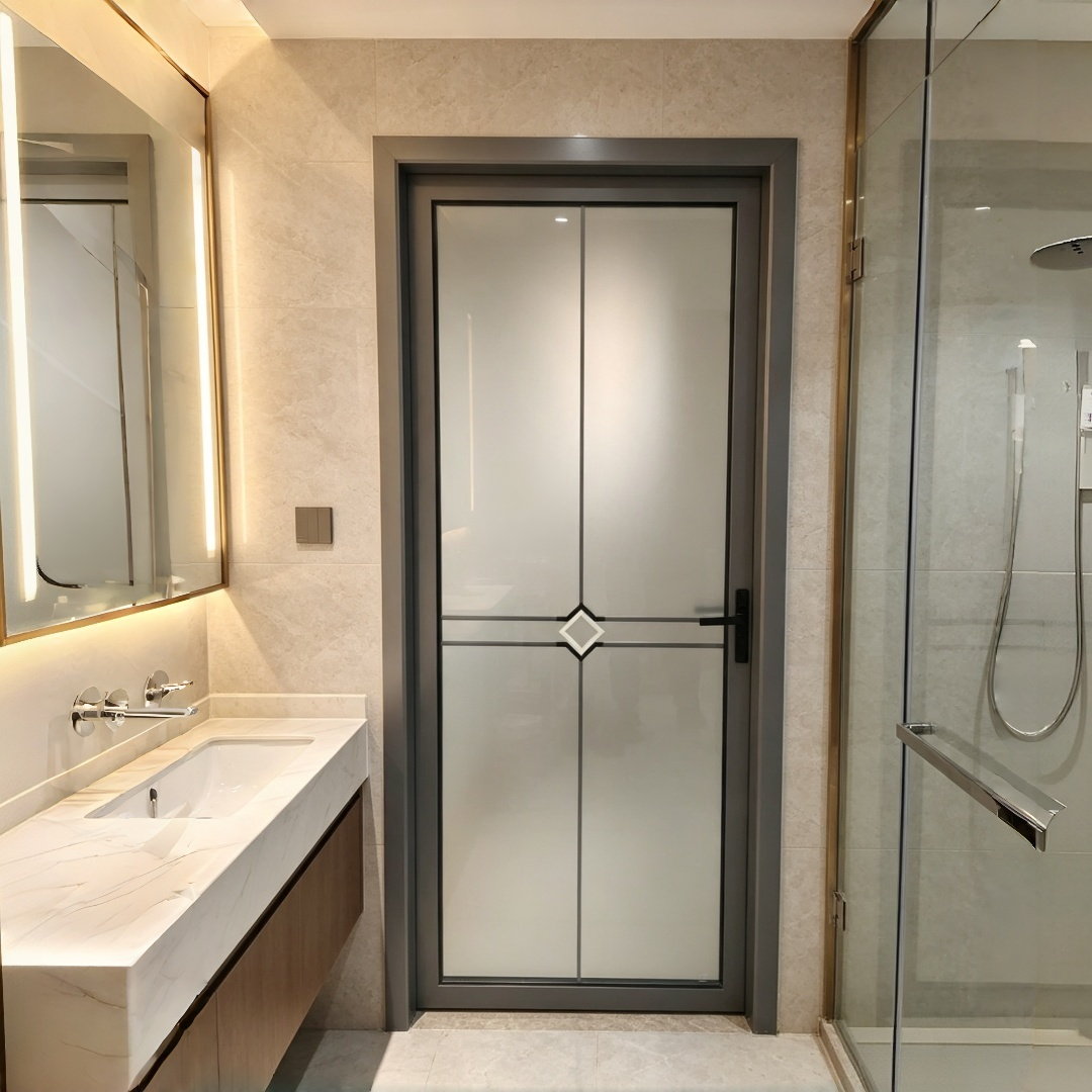 Custom Aluminum Framed Water Resistant Interior Swing Door Frosted Tempered Glass For Residential Commercial Space
