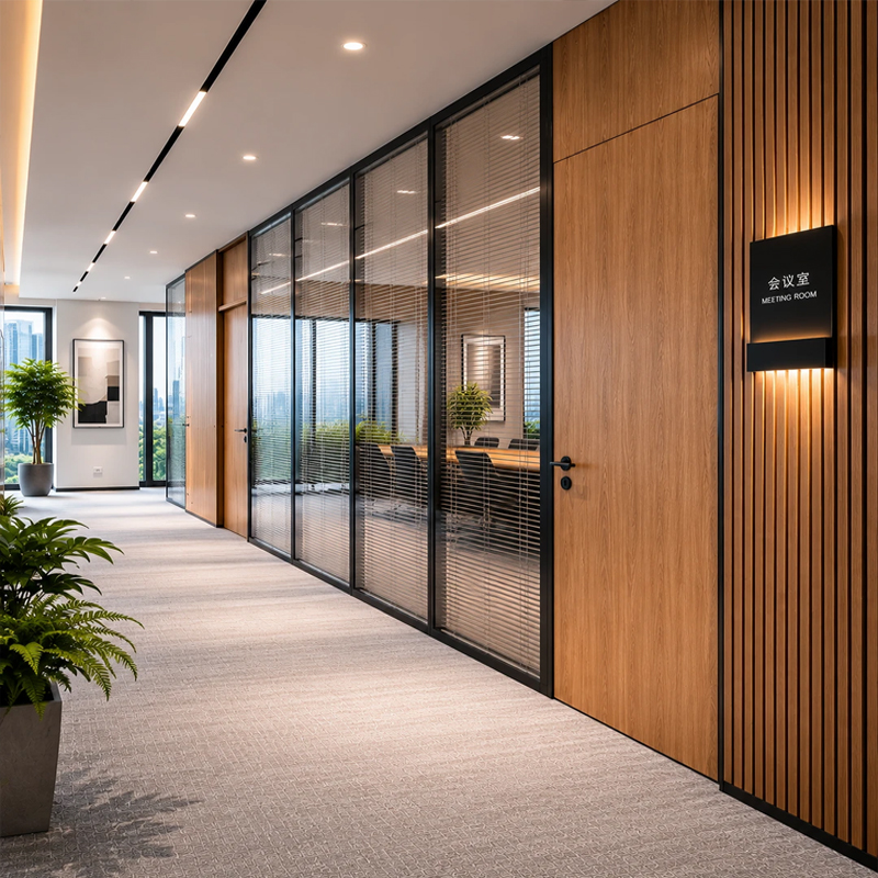 Complete Set Framed Glass Partition Wall with Built Blinds Matching Swing Glass Door Heavy Duty Thick Aluminium Profile Double