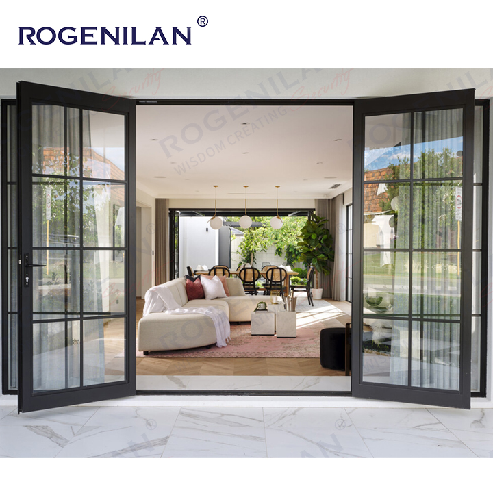 Rogenilan Custom Aluminum Crittal Double Door Waterproof Grill Vintage Tempered Glass Hinge Doors for House
